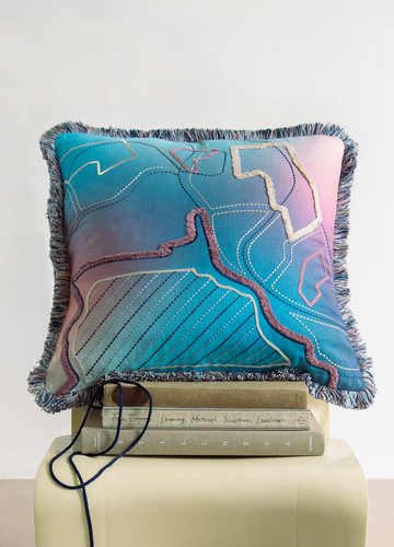 Chandigarh embroidered cushion - Blue/Turquoise
