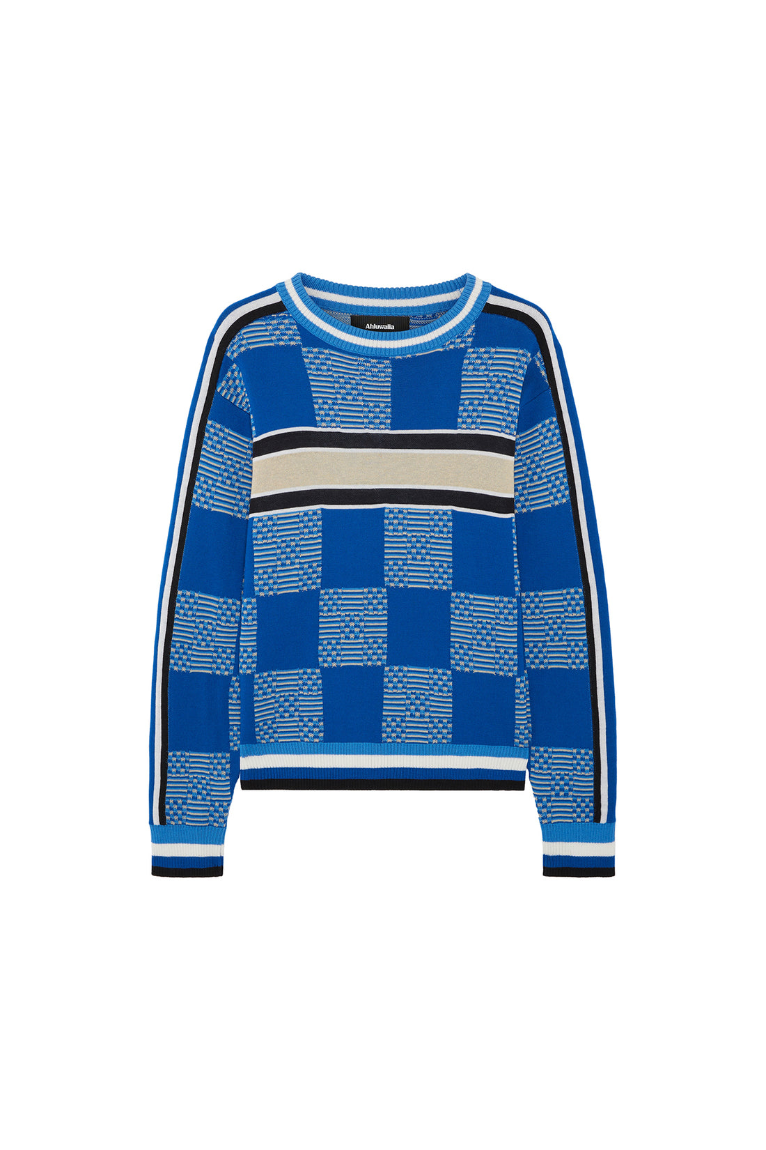 Checkerboard knitted crew jumper